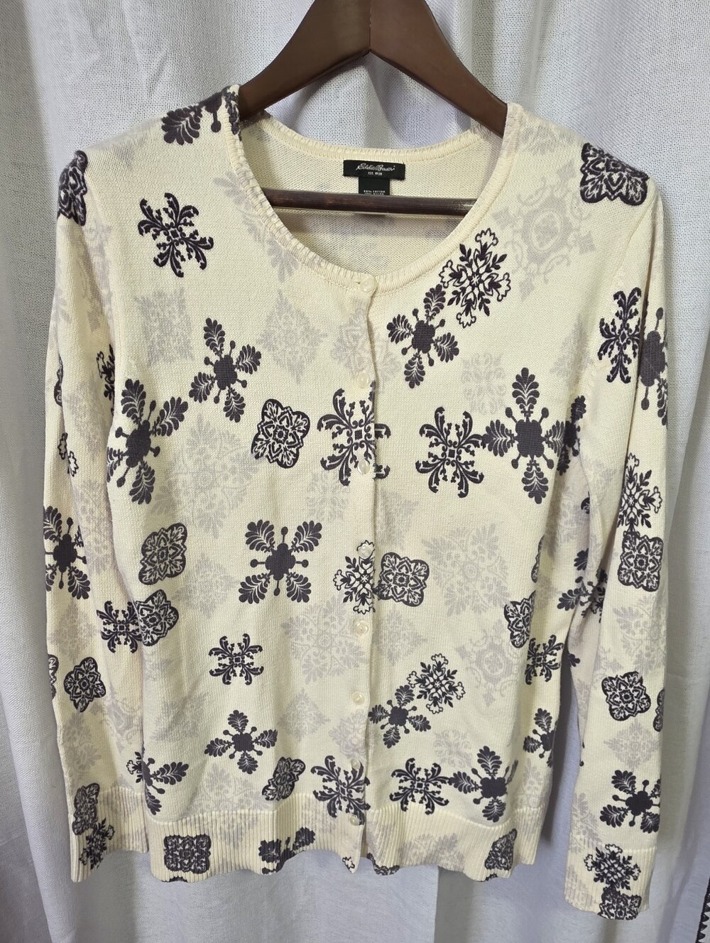 Eddie Bauer Cream Cardigan with Dark Brown Medallion Print